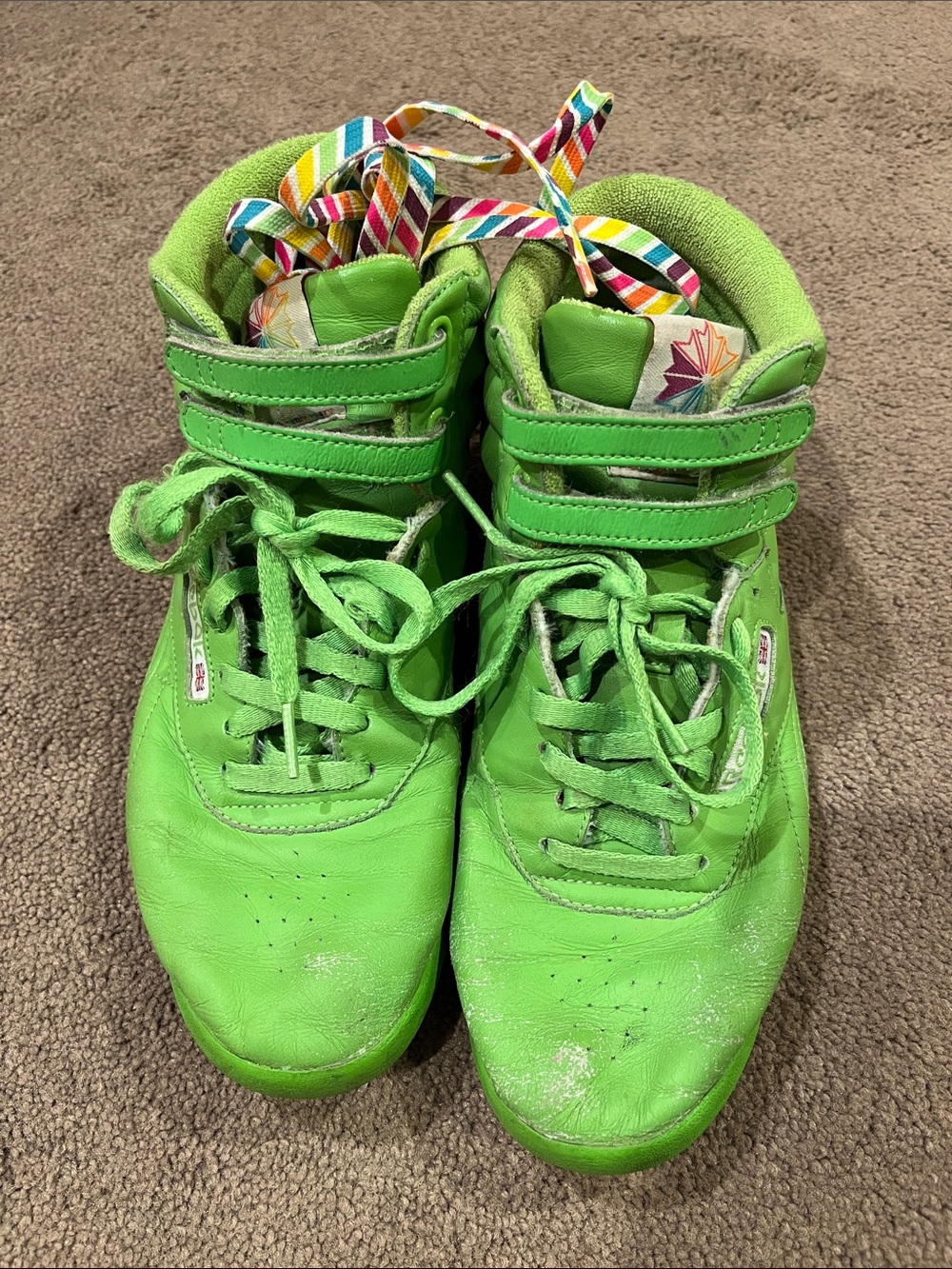 Vintage Reebok Freestyle Hi Neon Green  25th Anniv sneakers with rainbow laces